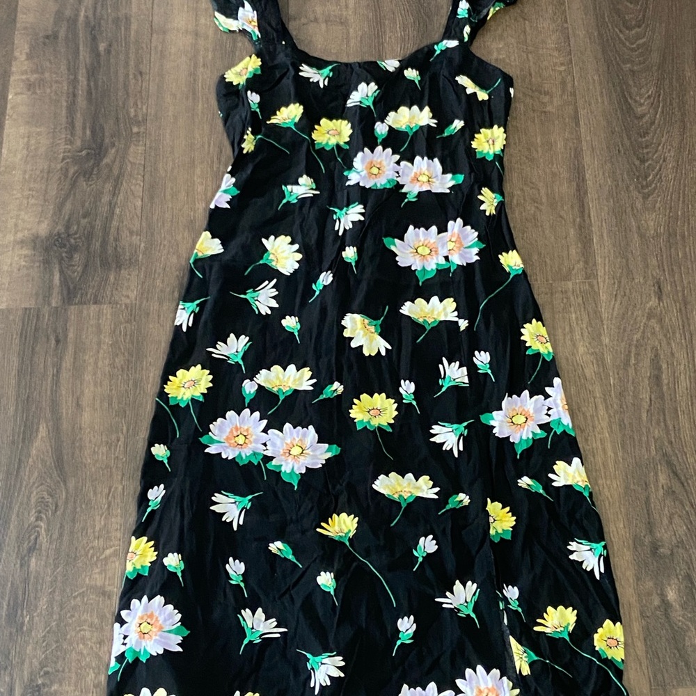 LOFT Petite 8P Black Floral Midi Dress Ruffle Strap A Line Viscose 100%